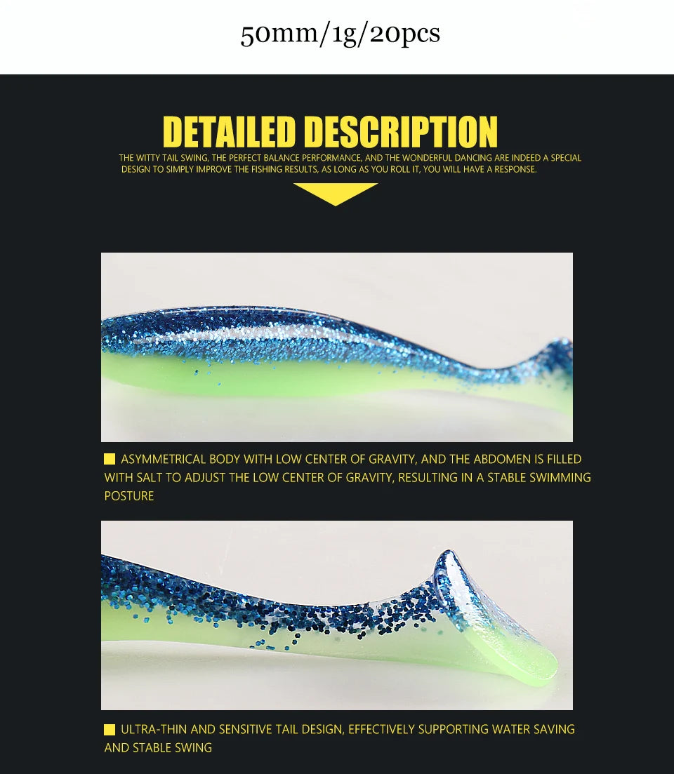 Soft Lures Baits Fishing Lure Double Color Silicone Bait T-Tail