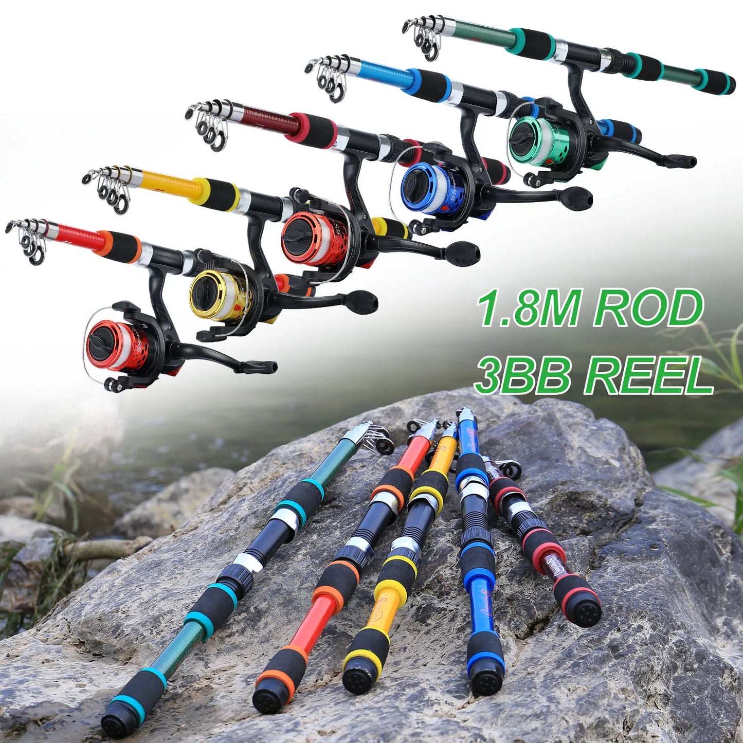 Spinning Fishing Rod & Reel Combo – 1.8M Telescopic Rod, 5.2:1 3BB Reel, 5kg Max Drag – Full Fishing Kit