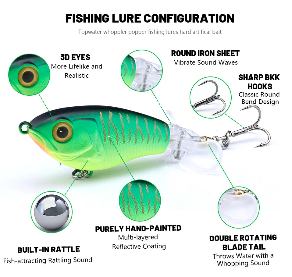 Whopper Popper Lures – Propeller Tail, Floating TopWater Baits (9g/8g/14g/17g/24g)