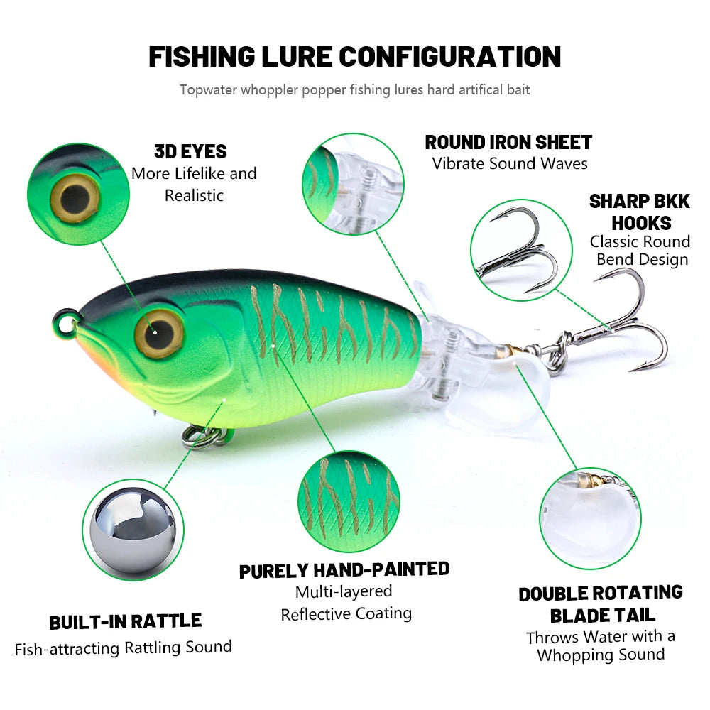 Whopper Popper Lures – Propeller Tail, Floating TopWater Baits (9g/8g/14g/17g/24g)
